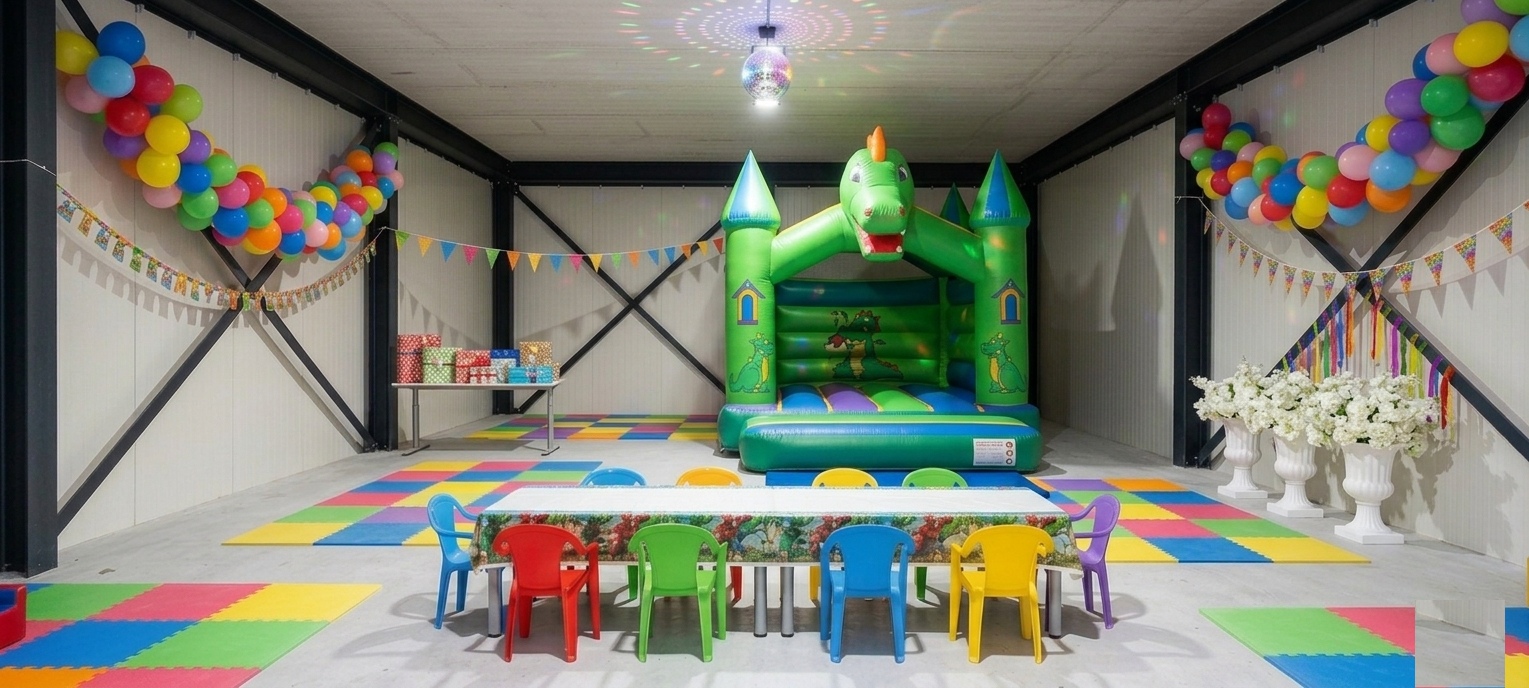 Benedenzaal met springkussen en activiteiten voor kinderen